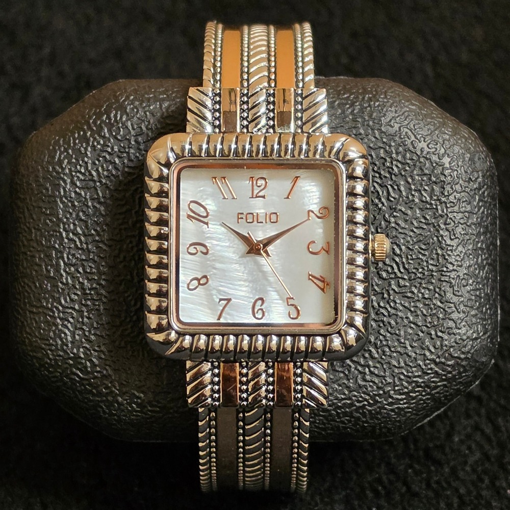Folio Women's Two Tone Cuff Watch Mother of Pearl Dial Quartz Working*
